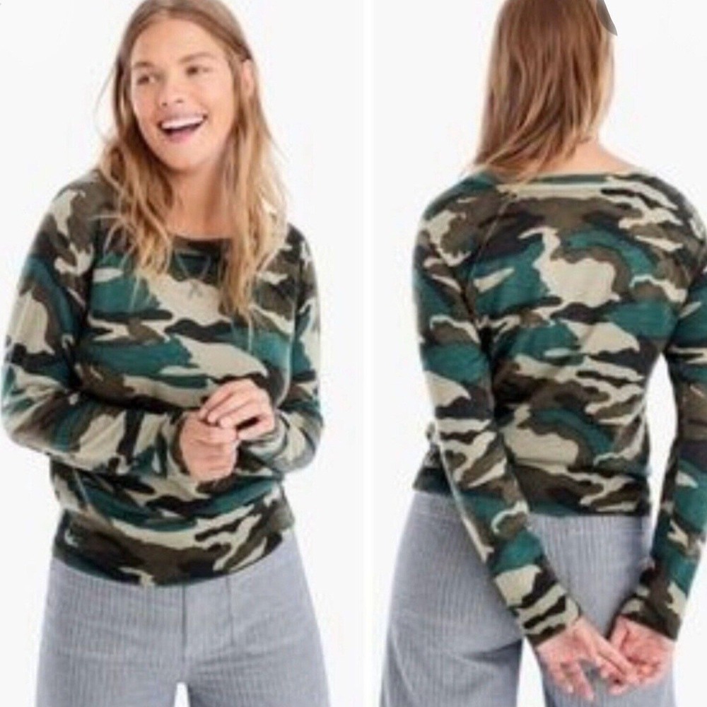 J.Crew S Sweater Merino Wool Camo Crewneck K1279 Green Brown Long Sleeve Raglan